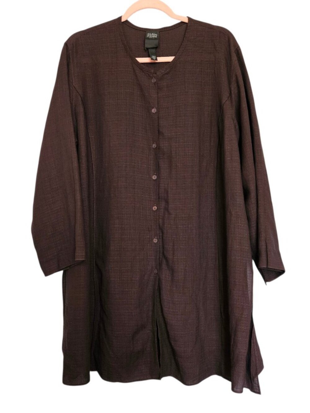 Eileen Fisher Linen Blend Button Front Tunic Shirt Women's 1X Long Sleeve Brown